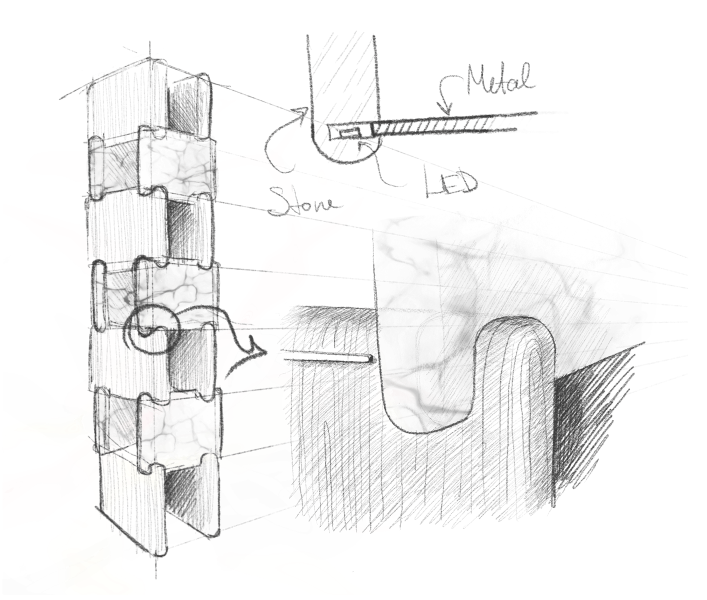 Design sketch of the Illuminated Shelf Unit showing alabaster panels, metal structure and integrated LED