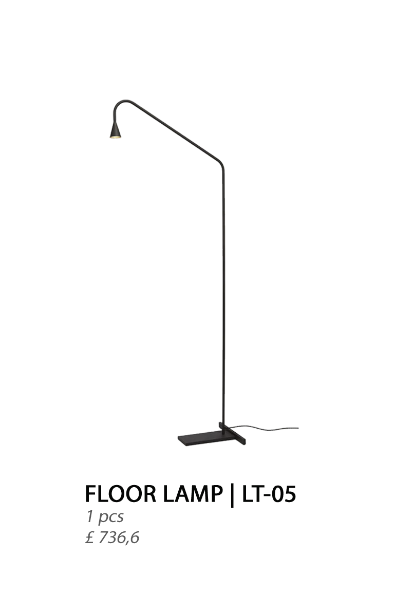 A modern, black  floor lamp with a black base.