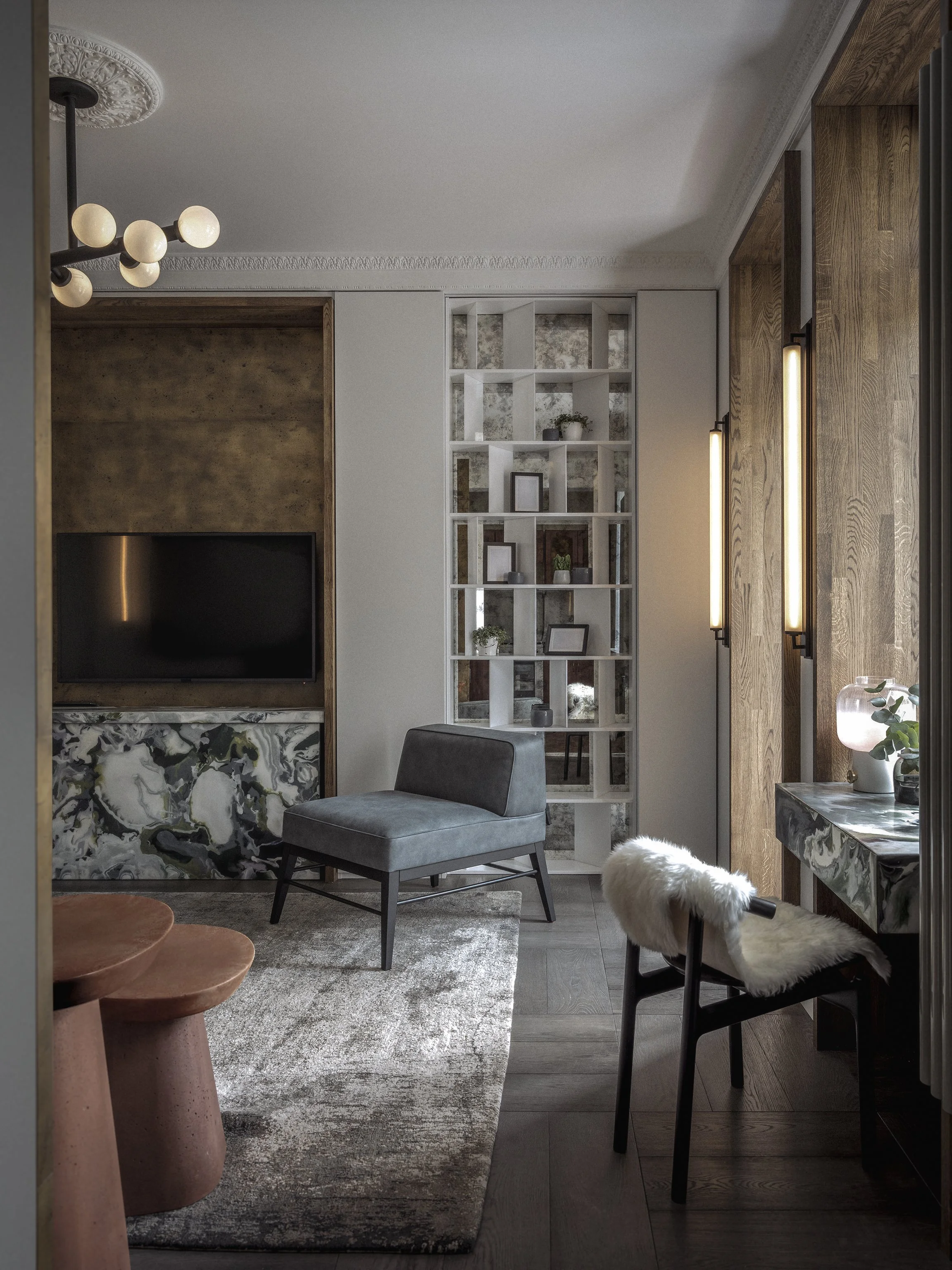 Detail view of Artistic Apartments interior by Jenny Ly Studio — marble console, accent lighting, and textured materials create a calm, tactile atmosphere.
