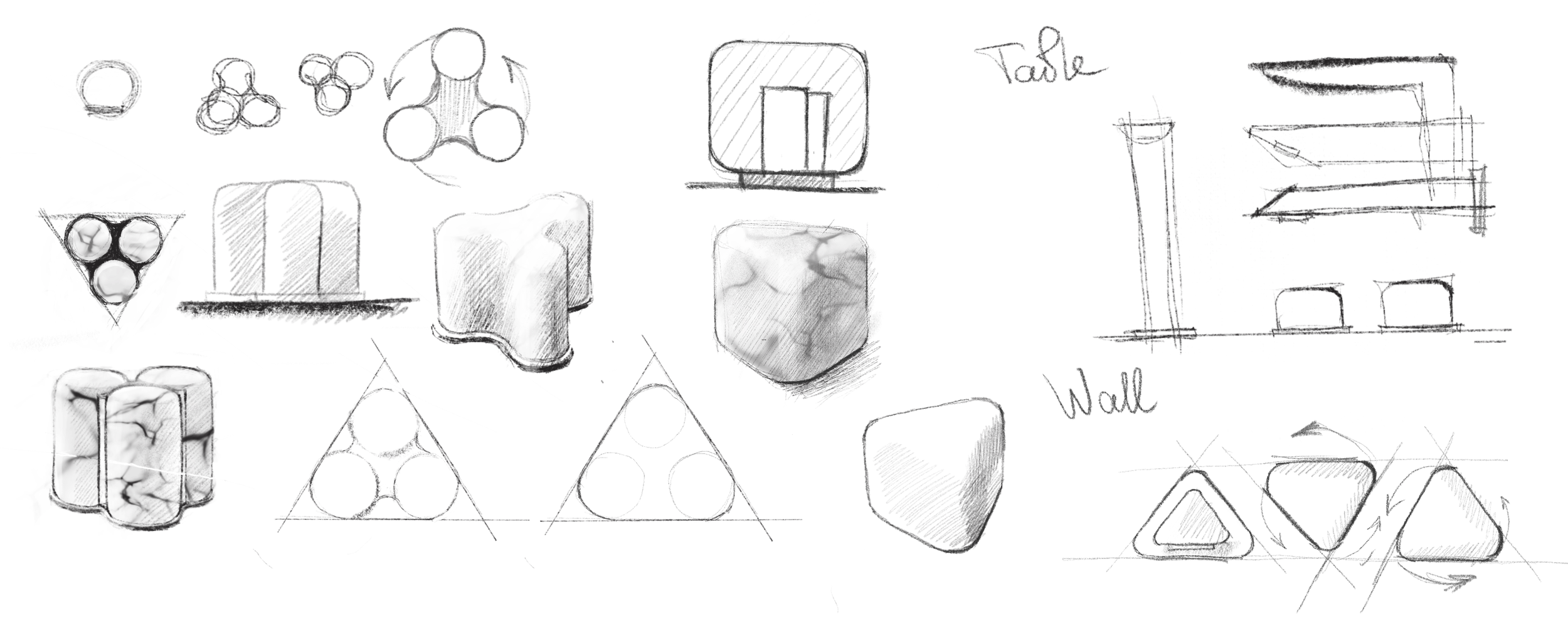 Design sketches of Trinity Collection by Jenny Ly - concept development of faucets inspired by nature, with soft triangular silhouettes and material studies in stone and metal.