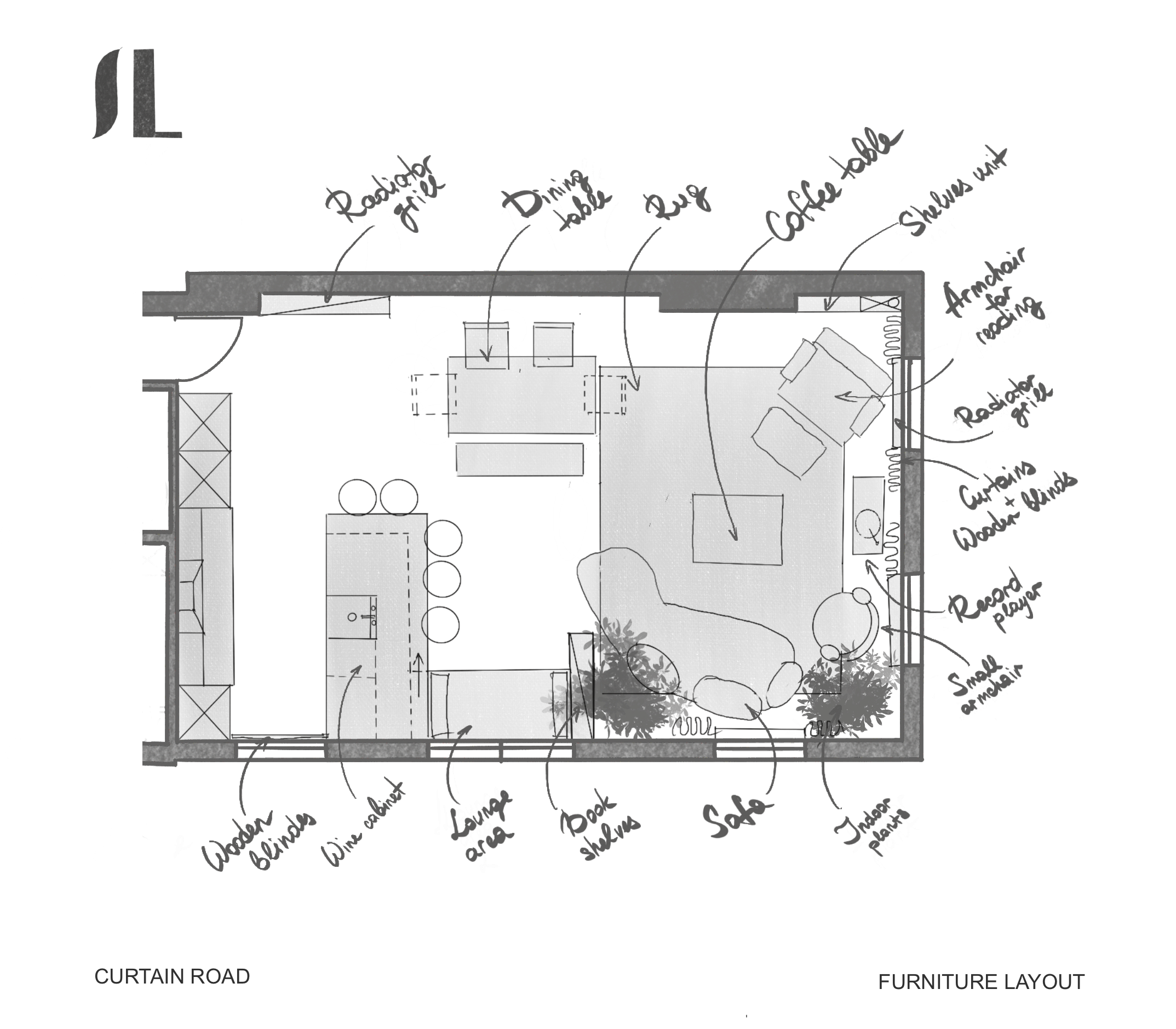 Furniture layout plan showing spatial composition and placement of key pieces for a furnished interior.