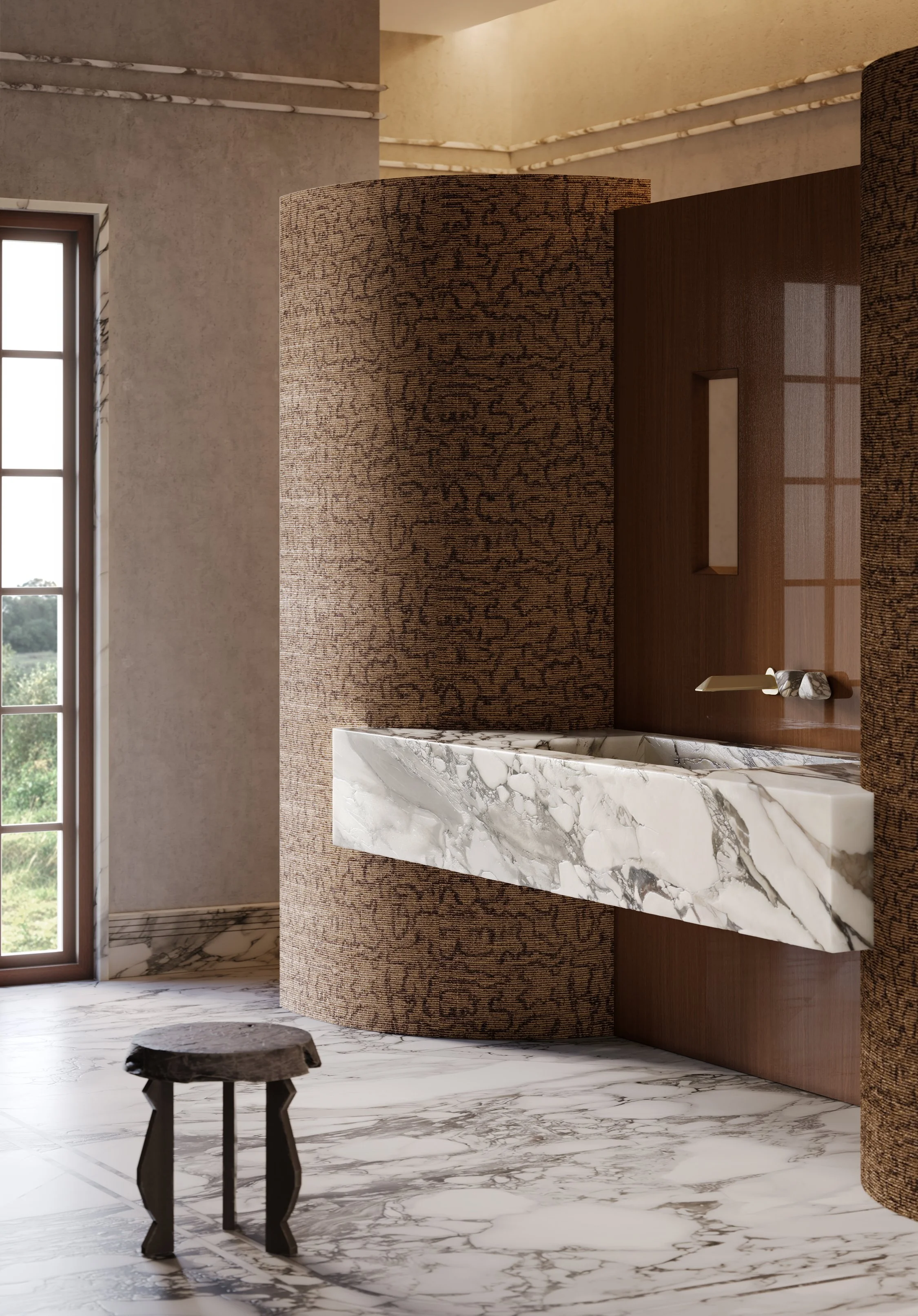 Interior scene with marble sink and textured wall from Jenny Ly Studio, reflecting the studio’s material-focused aesthetic.