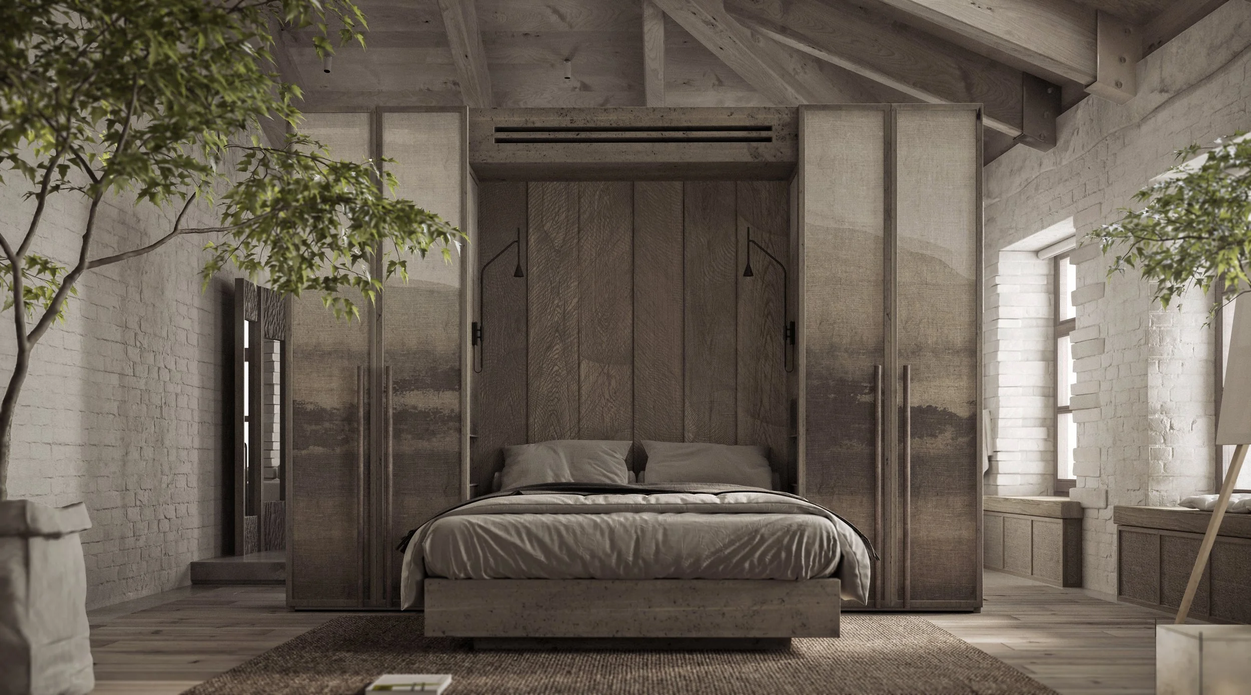 Bedroom interior design of Historic Townhouse by Jenny Ly Studio — tactile oak panels, exposed brick walls, and calm natural light.