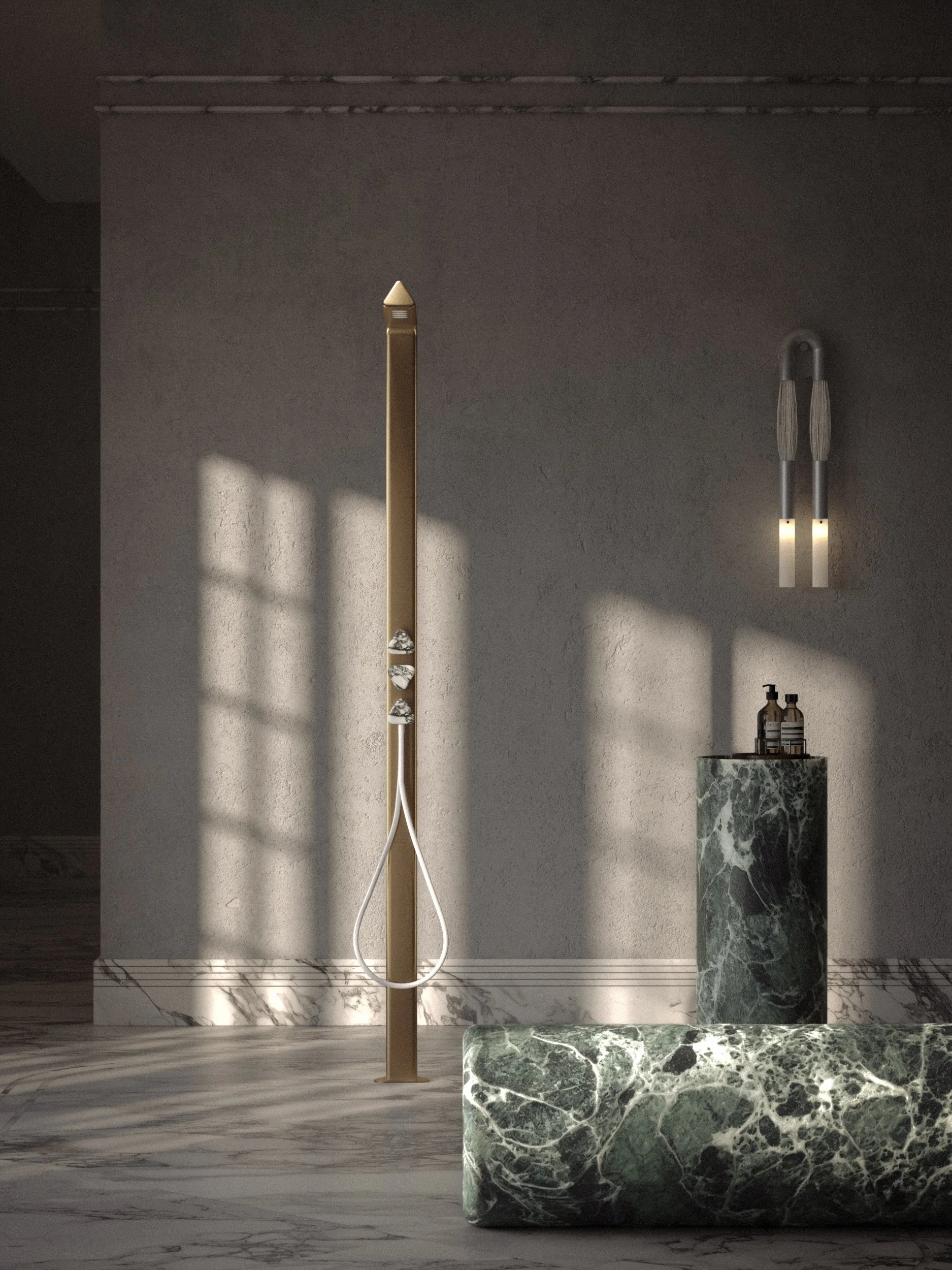 Shower area of Carezza Silence Spa by Jenny Ly Studio — brass shower column, green marble pedestal, and soft natural light creating a tranquil atmosphere.