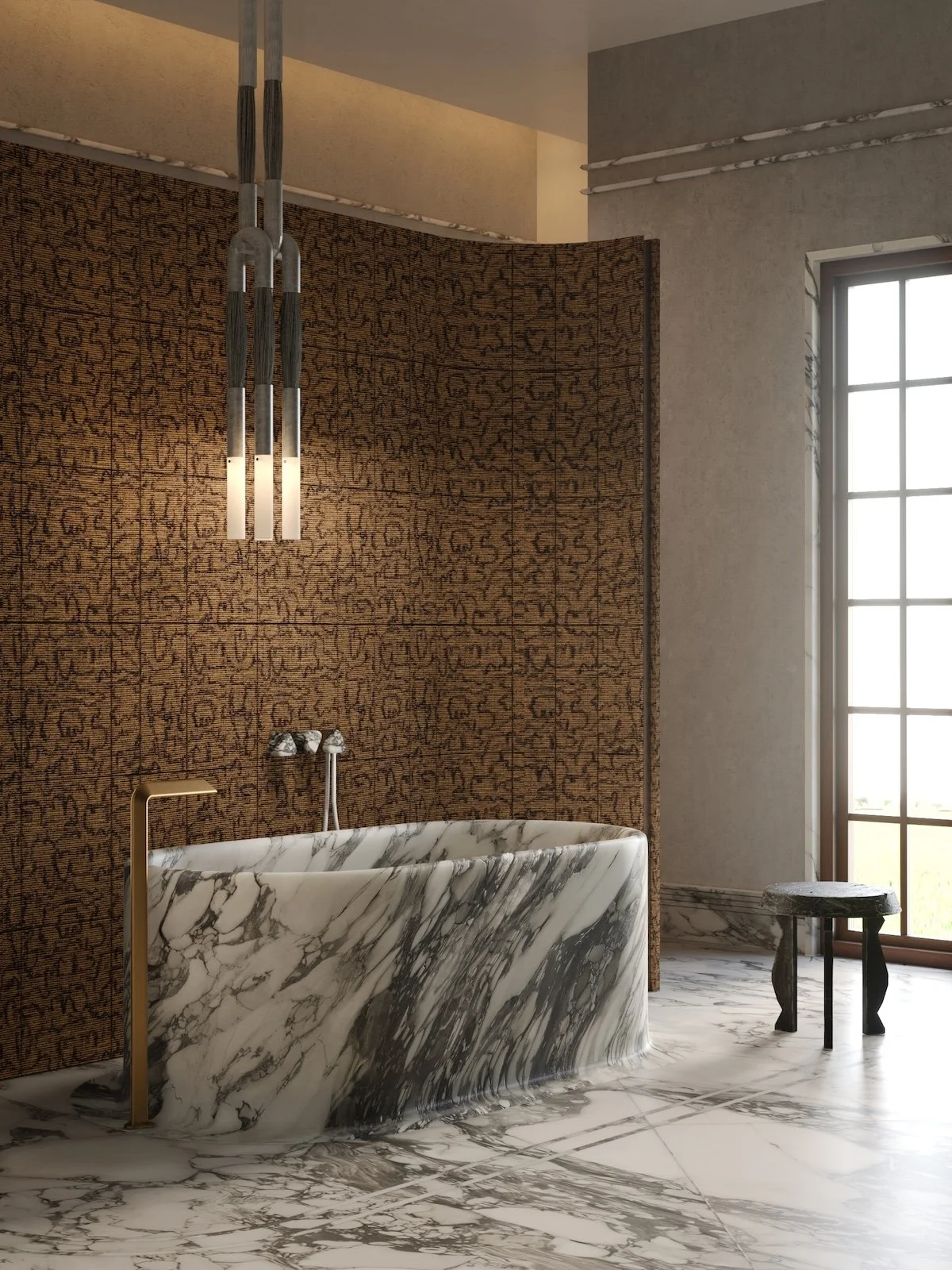 Marble bathtub with Trinity freestanding faucet by Jenny Ly Studio. The design brings depth and tranquility to bathroom interiors, combining sculptural form with natural materials and soft light.