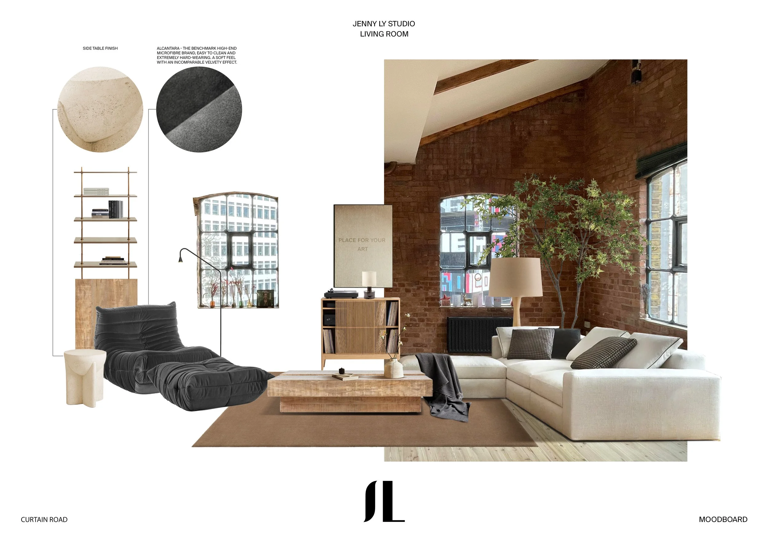 Moodboard illustrating the furnishing concept — furniture, lighting and material palette designed for warmth, balance and calm.