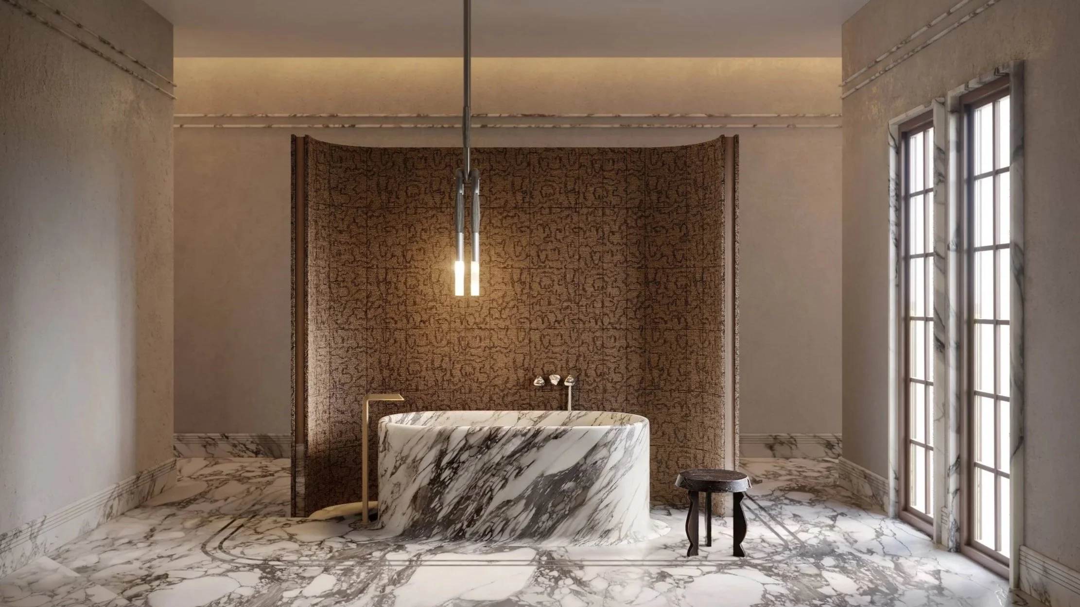 Marble bathtub area in Carezza Silence SPA interior by Jenny Ly Studio — calm, natural tones and soft light create a serene atmosphere.