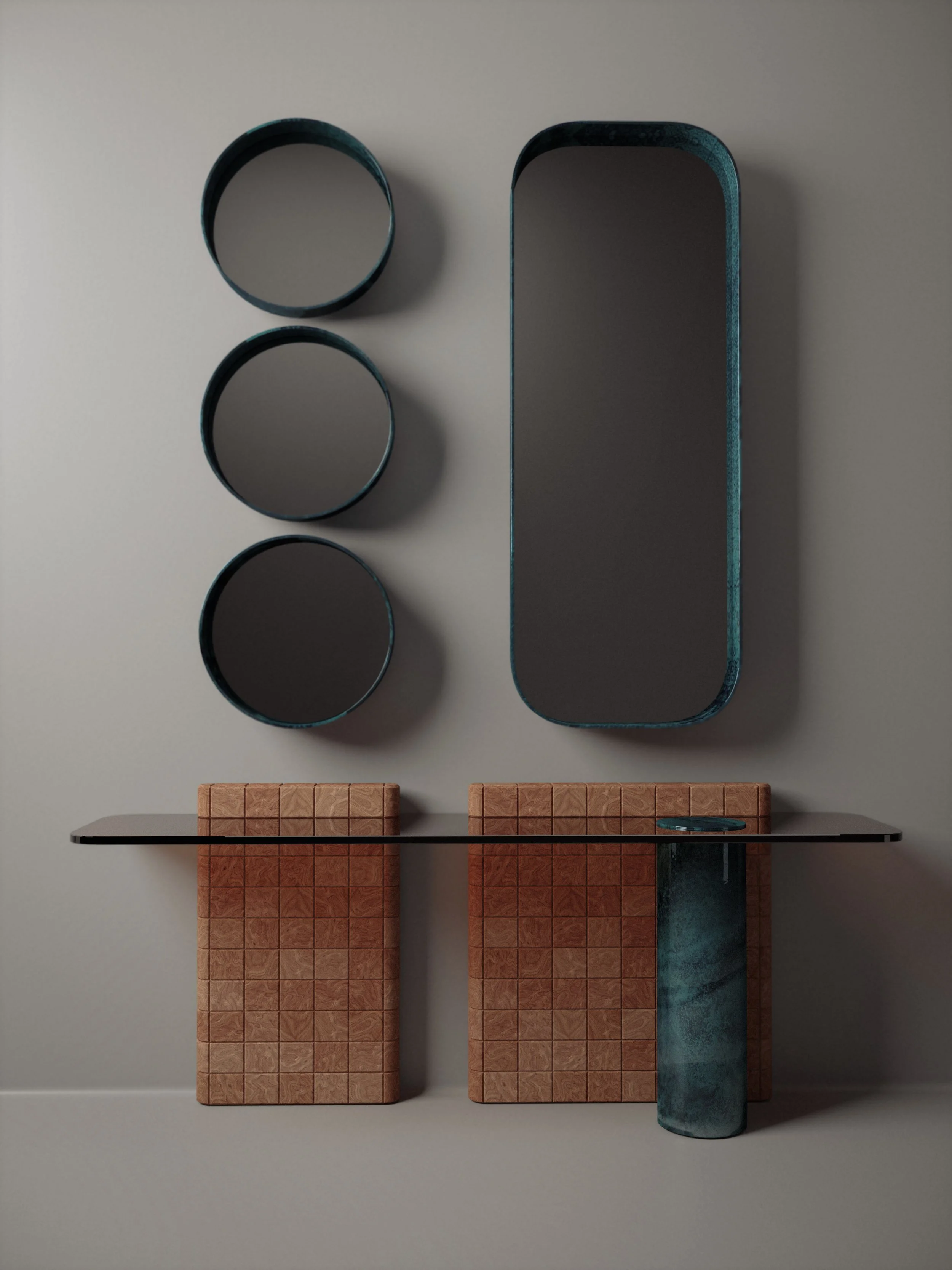 Squares Collection overview - rare veneers, colour-matched glass, oxidised metal column.