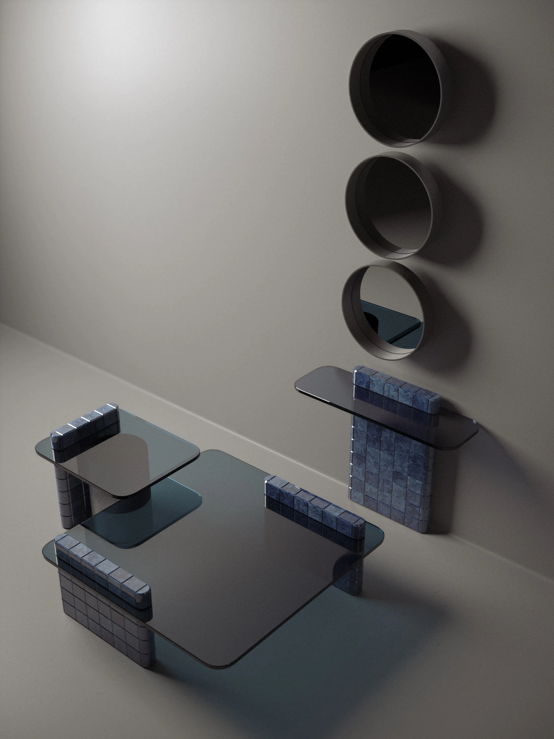 Squares coffee and side tables in Blue Madrona Burl with patinated brass column and tinted glass top