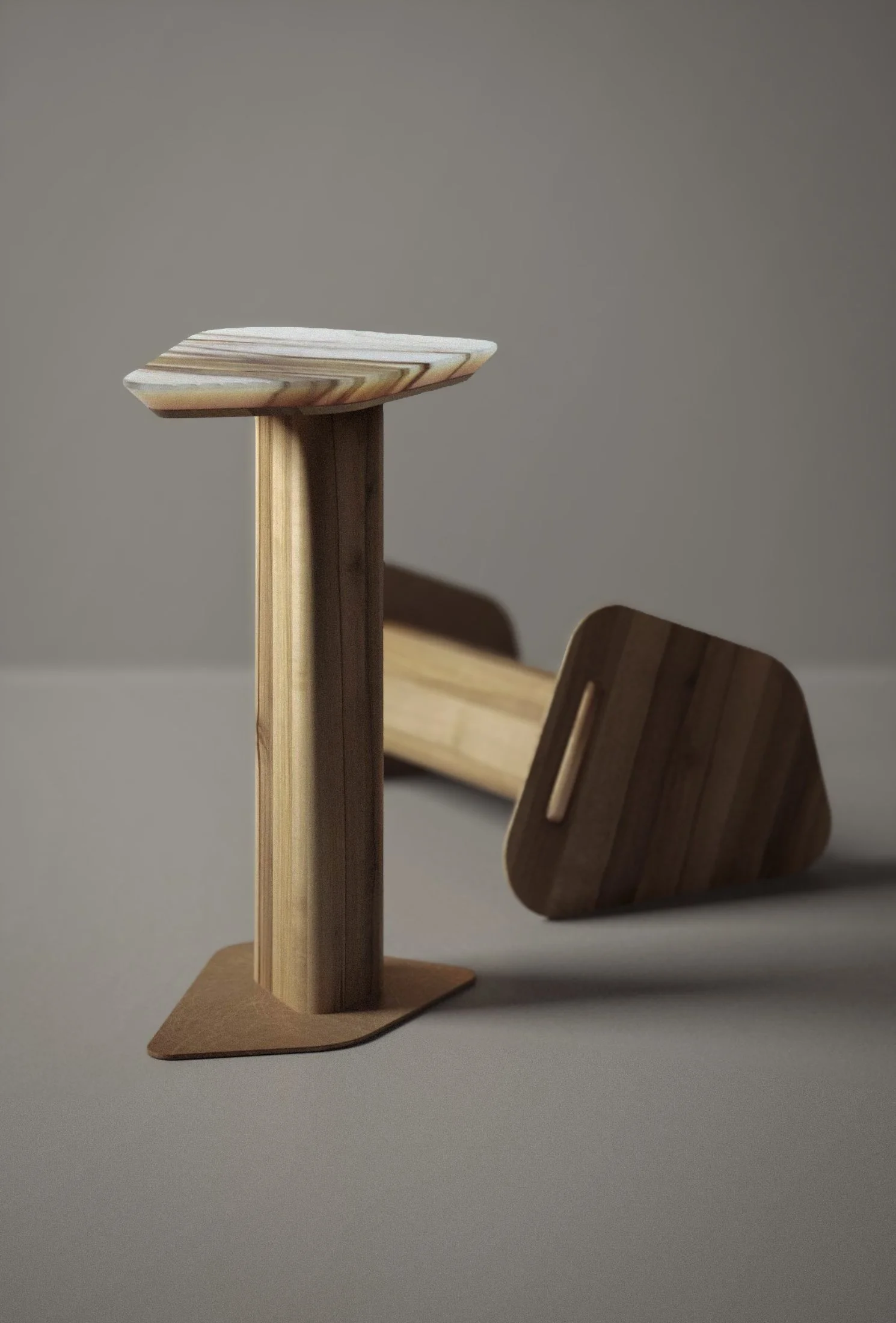 A small wooden side table with a rectangular top, and a wooden block with a rounded edge lying on its side beside it, both made of light and dark wood with visible grain.