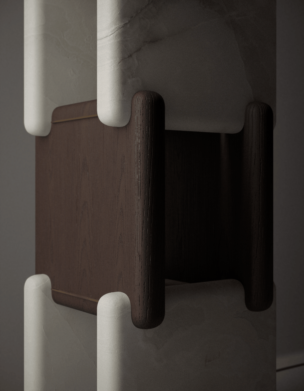 Detail of joint between brushed black oak and glowing alabaster panel