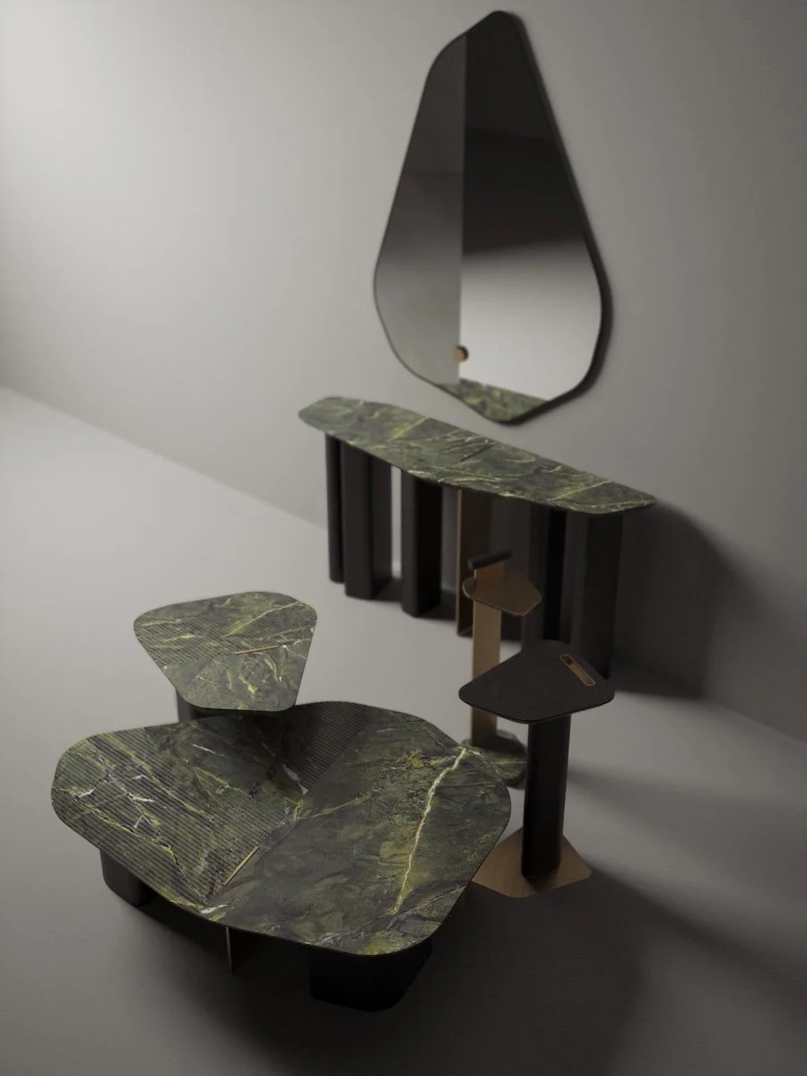 Leaf Collection tables and console with marble tops and asymmetrical design by Jenny Ly Studio.