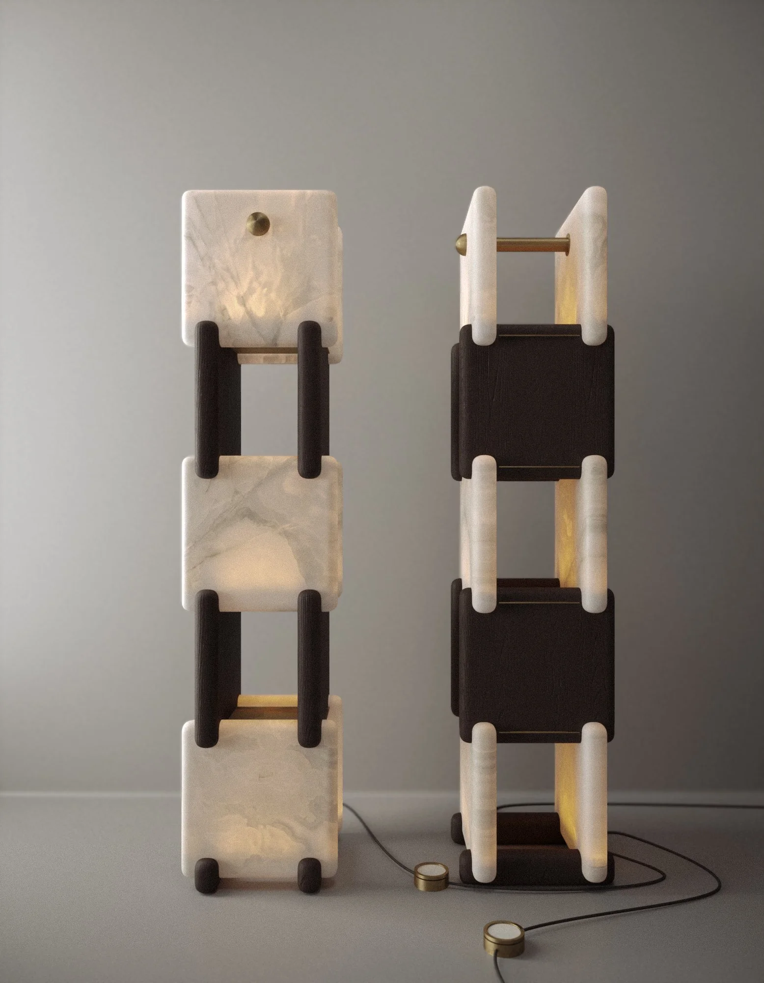 Two Illuminated Shelf Units side by side — full view with ambient glow and floor dimmer controls