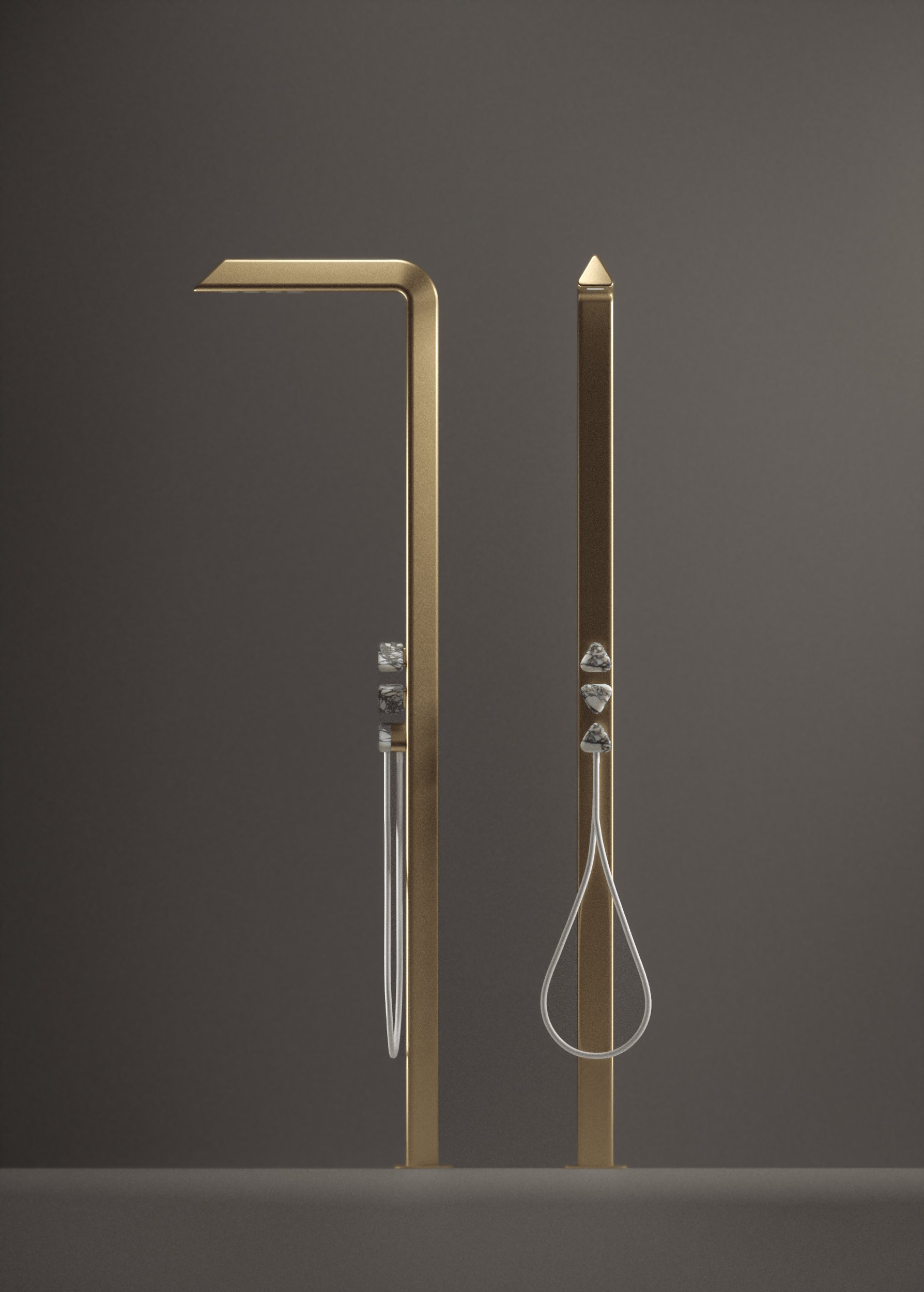 Freestanding brass shower columns with marble details from Trinity Collection by Jenny Ly Studio, blending geometry and organic form.