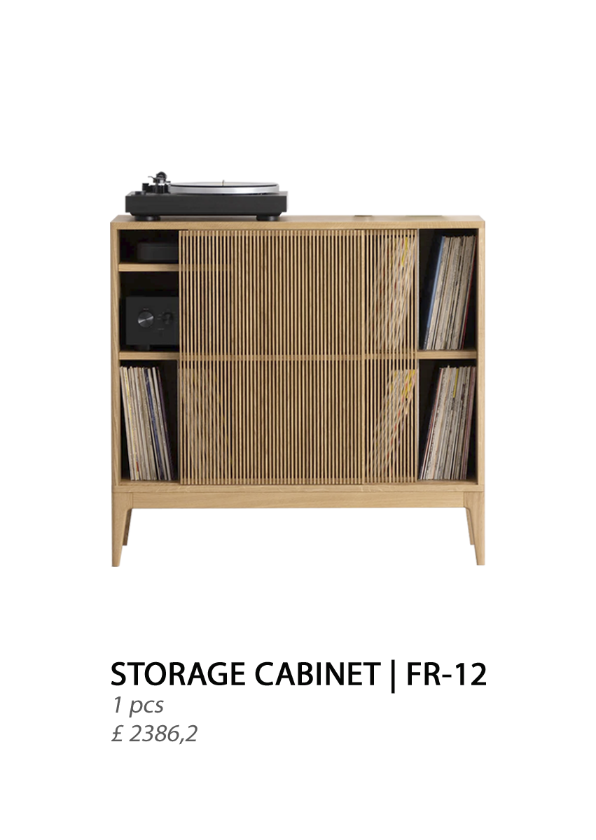 A wooden record storage cabinet with a vinyl record collection and a turntable on top.