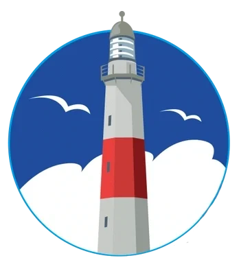 Illustration of a lighthouse with a red and white striped tower, blue sky, birds, and clouds.