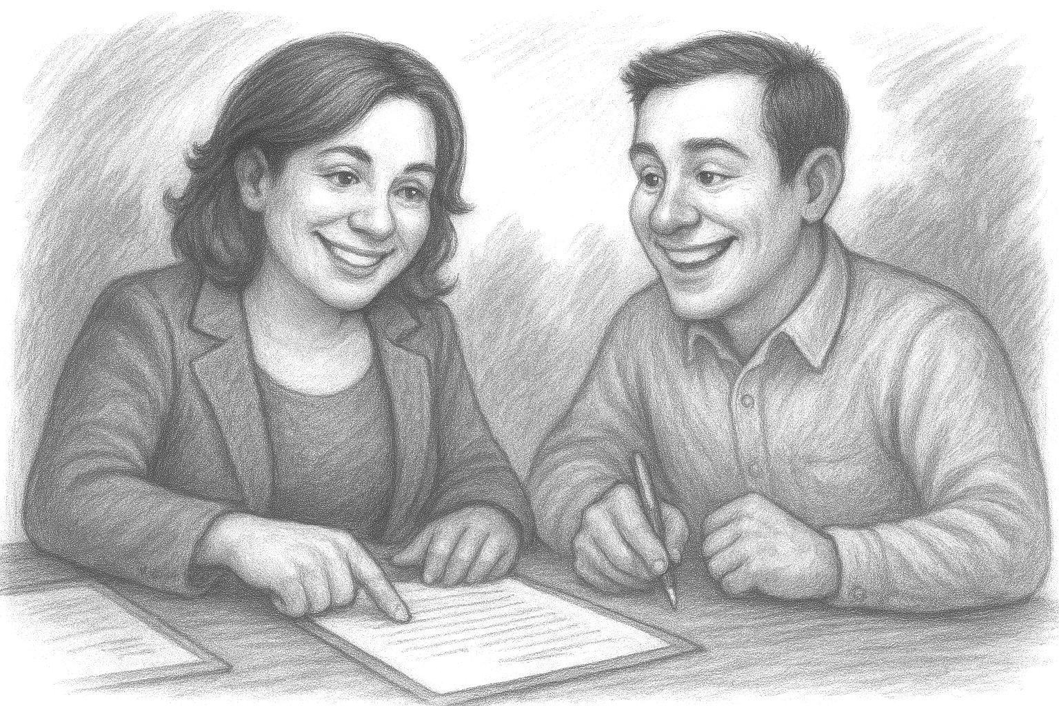 A pencil sketch of a woman and a man sitting at a table, smiling and looking at each other as they sign papers.