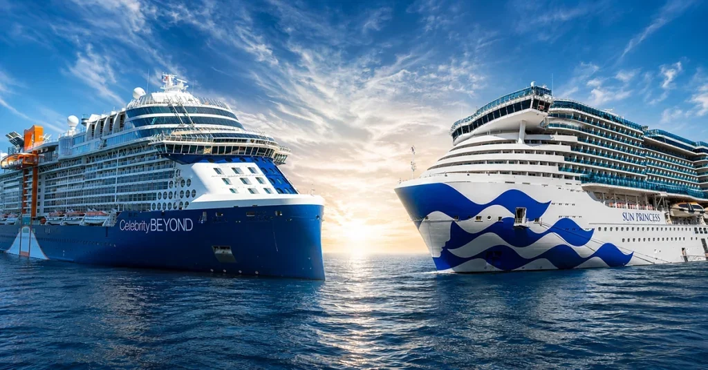 Two large cruise ships docked at a port during sunset or sunrise, with a blue sky and some clouds in the background.