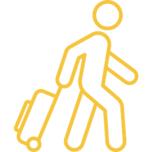 Outline of a person walking with a rolling suitcase.