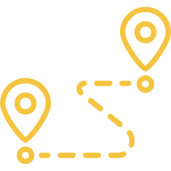 Two location markers connected by a dashed line, indicating a route or connection between two places.