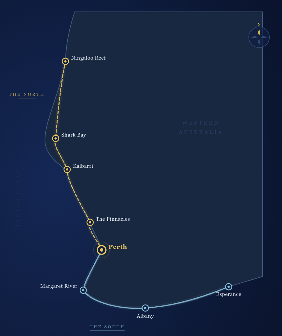 Map of a train route in Western Australia, highlighting stops from Ningaloo Reef in the north to Esperance in the south, passing through Shark Bay, Kalbarri, The Pinnacles, Perth, Margaret River, Albany, and ending at Esperance.