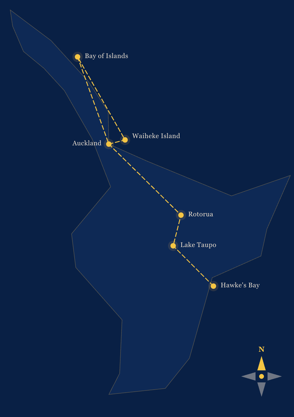 Map showing a cruise route from Hawke's Bay, New Zealand, passing through Lake Taupo, Rotorua, Waiheke Island, Auckland, and Bay of Islands.