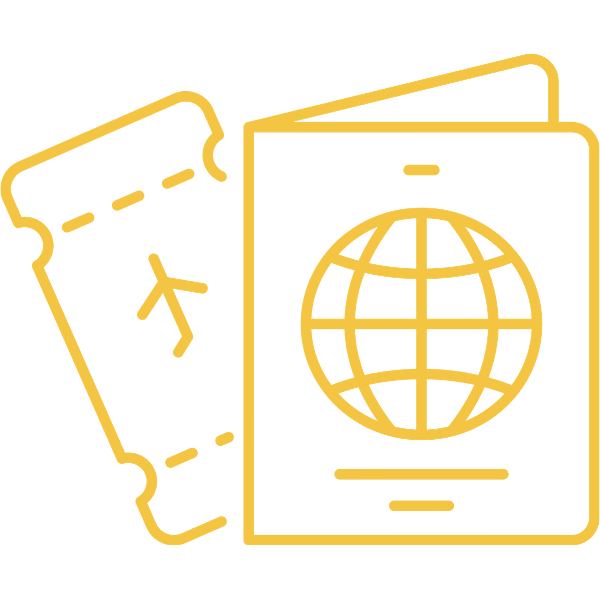 Gold outline of a plane ticket and a passport with a globe icon on the passport cover.
