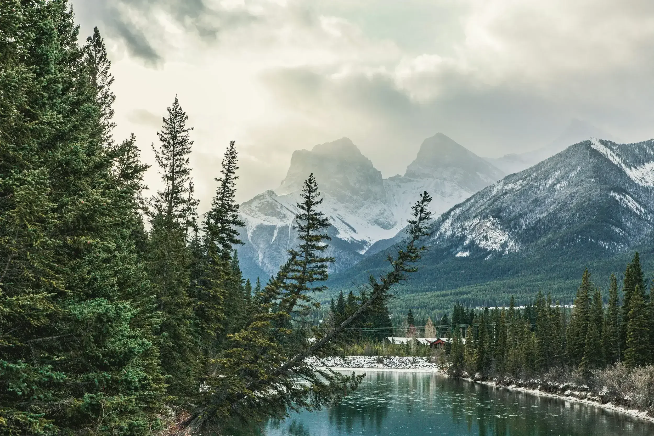 A landscape of a river flowing through a forest with snow-capped mountains and cloudy sky in the background
