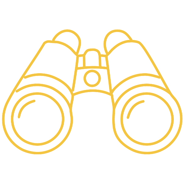 Line drawing of binoculars in gold on a black background.