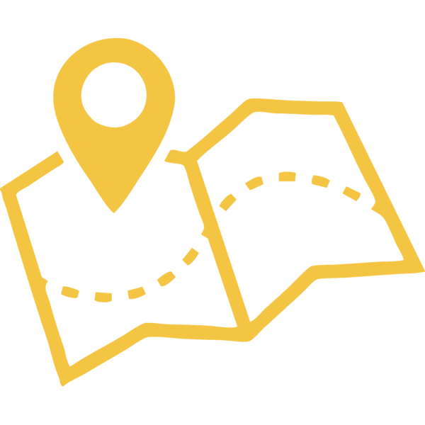 Gold map icon with a location pin on a black background.