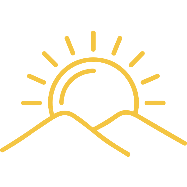 Minimalist line drawing of a sunset over mountains with rays of sunlight extending outward