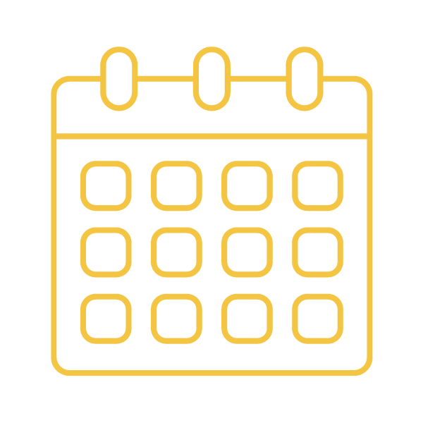 Minimalist icon of a calendar with a grid of squares representing dates, outlined in yellow on a black background.