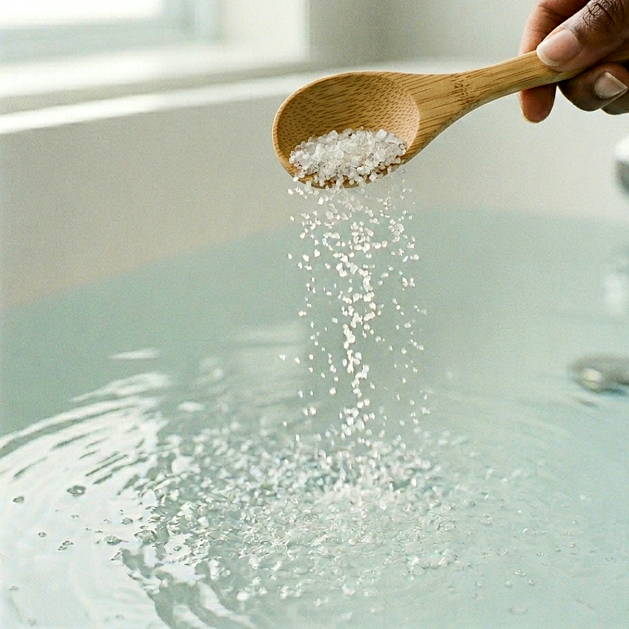 A hand holds a wooden spoon with salt falling into a bathtub filled with water.