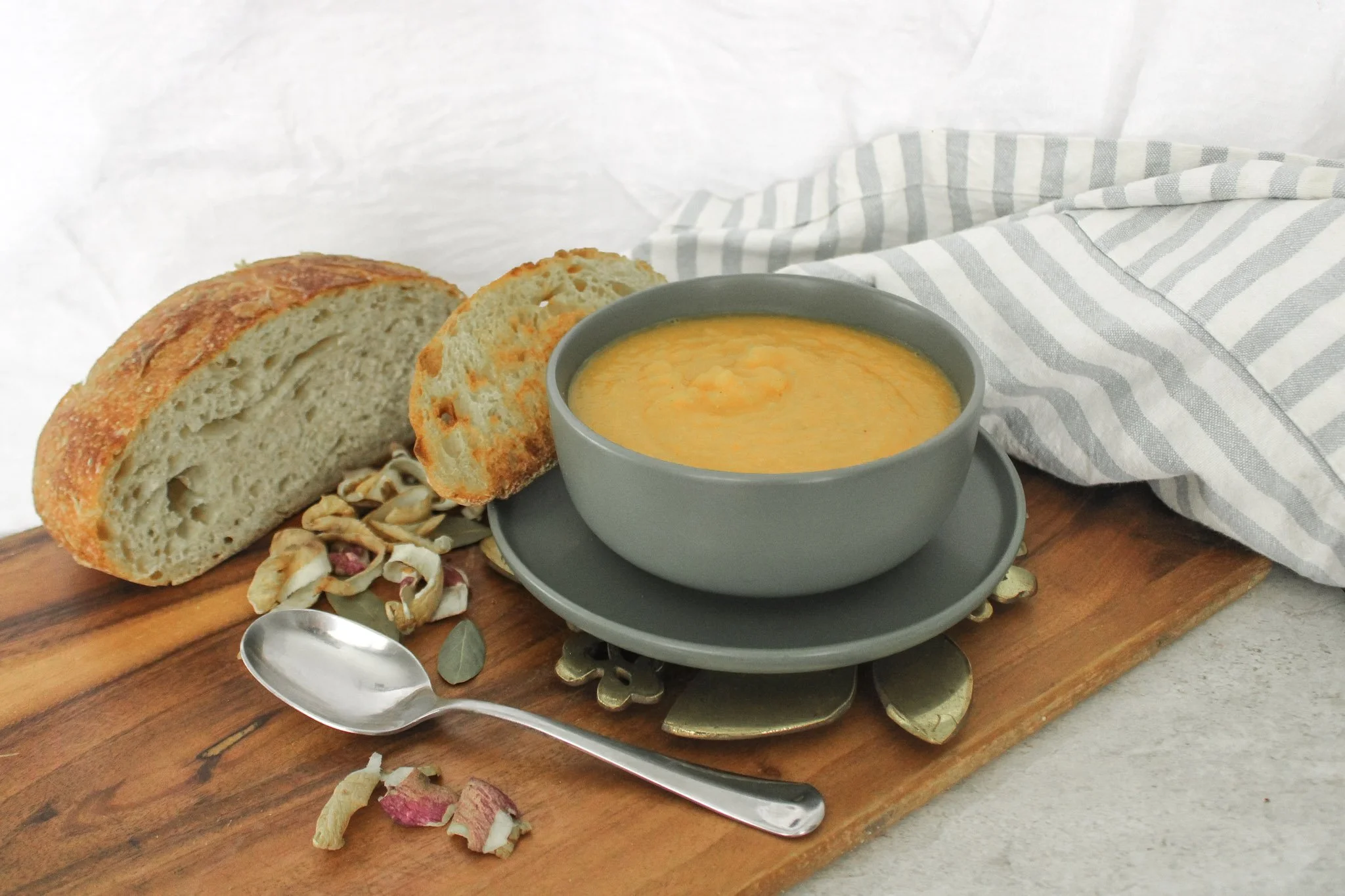 roasted vegetable soup, bright orange, creamy, toasted sourdough