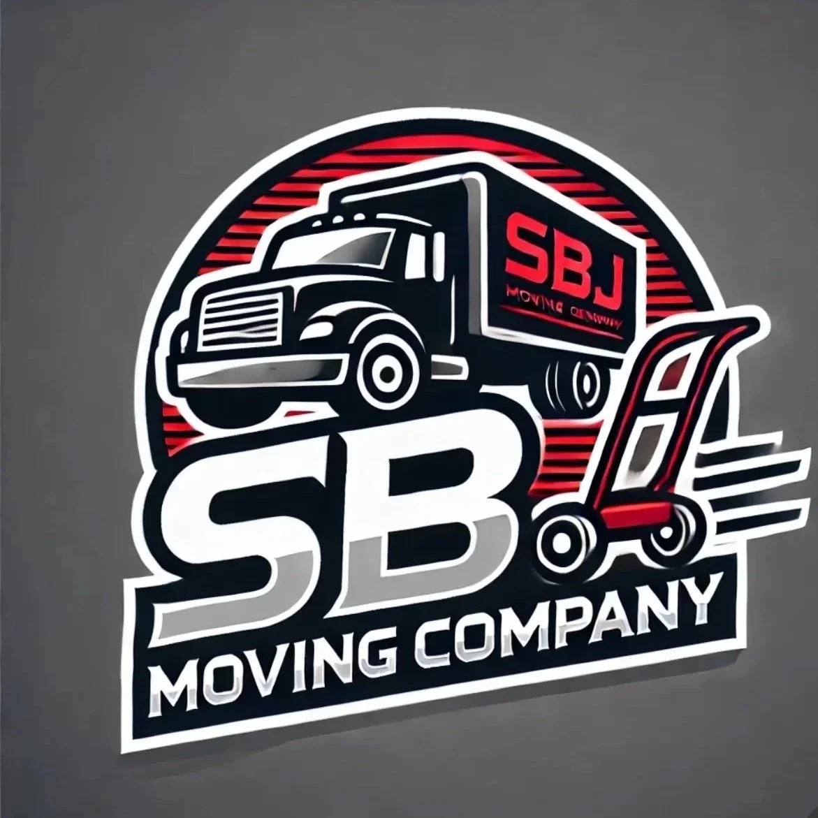 Logo for SBJ Moving Company featuring a black moving truck and a hand truck, with bold white and red text.