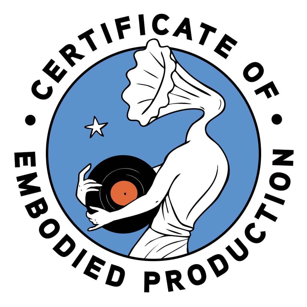 Circular badge with a blue background, featuring a stylized woman with a gramophone for a head holding a vinyl record, with a star nearby. The outer ring has the text 'Certificate of Embodied Production'.