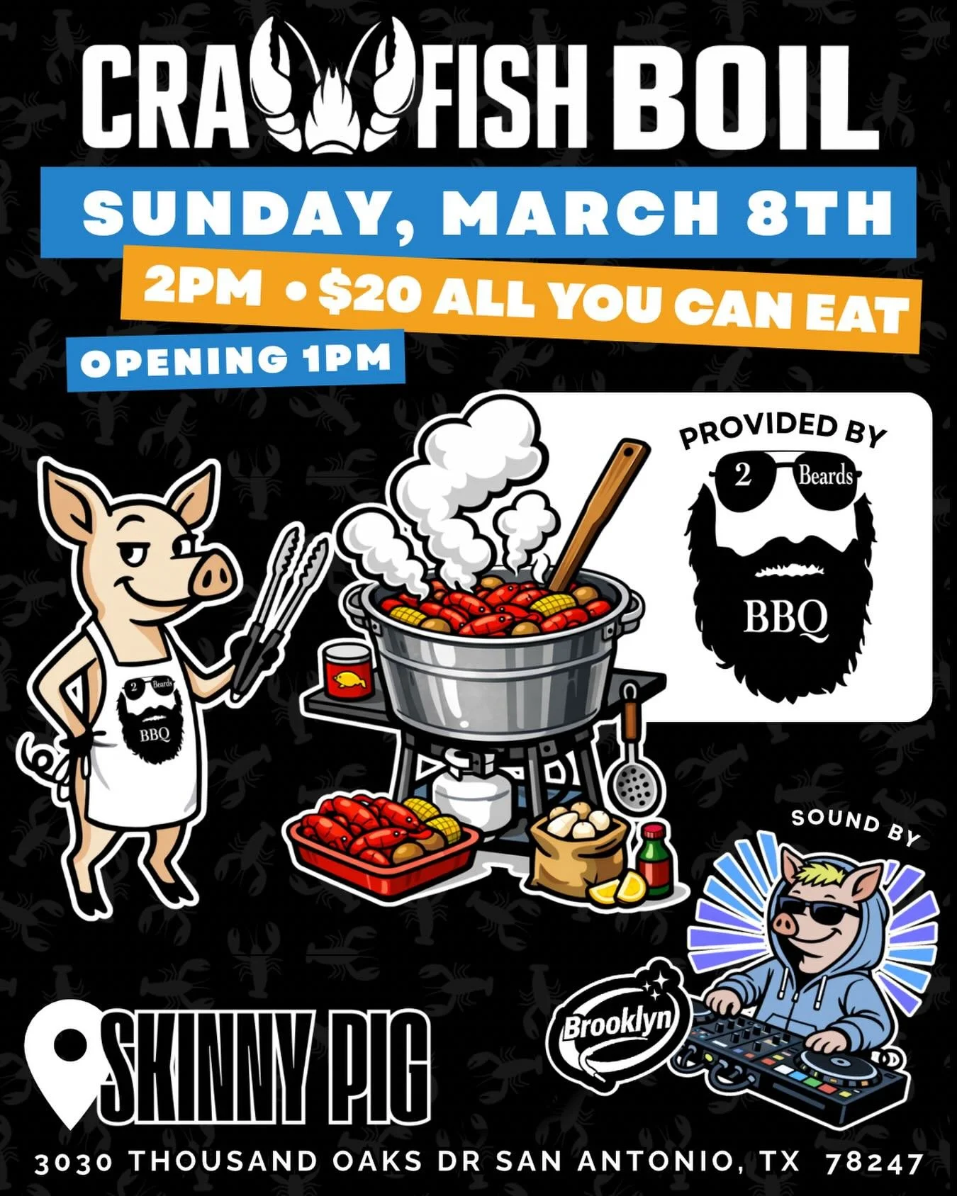 🦞🔥 CRAWFISH BOIL at Skinny Pig 🔥🦞

Mark your calendars for Sunday, March 8th!
We&rsquo;re serving up a full-on boil starting at 2PM (doors open at 1PM).

💥 $20 ALL YOU CAN EAT 💥

All the fixin&rsquo;s &amp; all the Cajun flavor you can handle. 