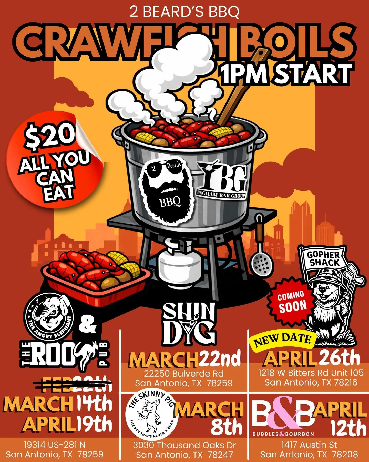 🚨 CRAWFISH SEASON IS HERE 🚨

2 Beard&rsquo;s BBQ Crawfish Boils are back and we&rsquo;re bringing the heat 🔥🦞

💥 $20 ALL YOU CAN EAT 
Pull up hungry. Leave messy. That&rsquo;s the rule.

📍 March 8 &ndash; Skinny Pig ⭐️2pm Start ⭐️
📍 March 14 &