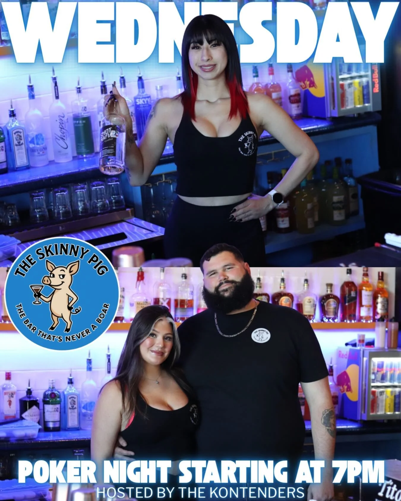 Midweek fun at The Skinny Pig 🐷&spades;️

Start your evening with Happy Hour with Shelby 🍻
Then hang out for the night with Cody &amp; Madison behind the bar.

Poker Night every Wednesday
&spades;️ Hosted by The Kontenders
🕖 Cards start at 7PM
🎟 