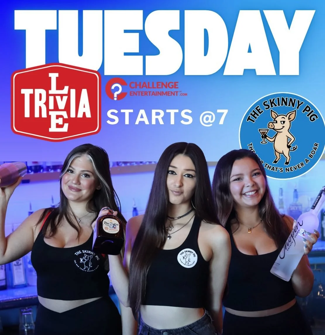 Happy hour with Madison 🍻
Keep it rollin&rsquo; tonight with Alyssa &amp; Bree behind the bar

Trivia kicks off at 7&mdash;bring your A-game (or just your drinking team 😏)

See y&rsquo;all at your favorite neighborhood spot 🐷

#TheSkinnyPigSA #Tri