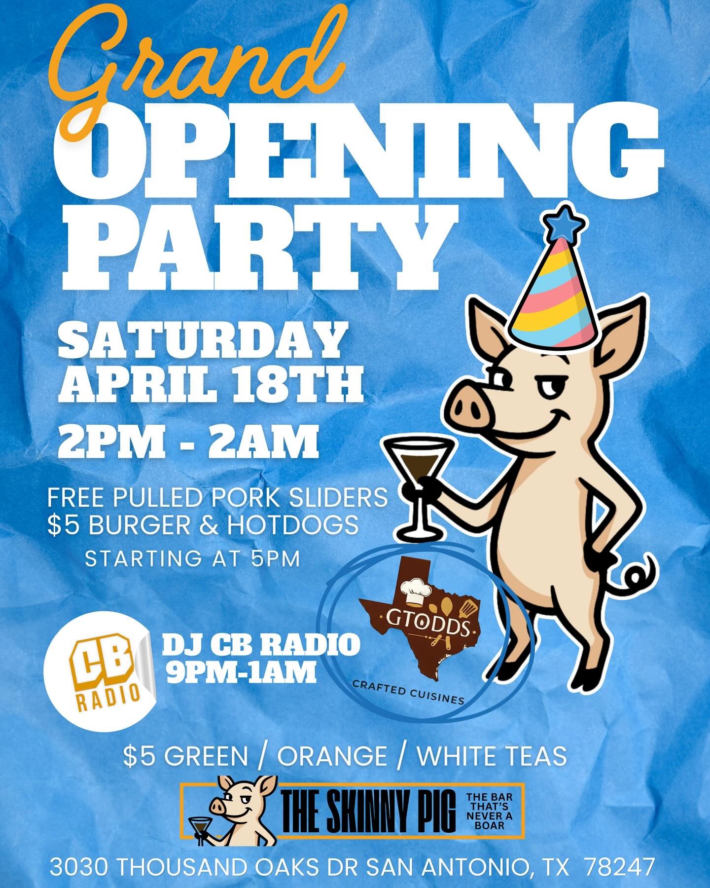 Grand Opening? Yeah&hellip; we&rsquo;re doing this right 🐷🎉

This Saturday, April 18th &mdash; come celebrate with us:
🍔 FREE pulled pork sliders starting at 5PM
🌭 $5 burgers &amp; hot dogs starting at 5PM
🍹 $5 Green, Orange &amp; White Tea shot