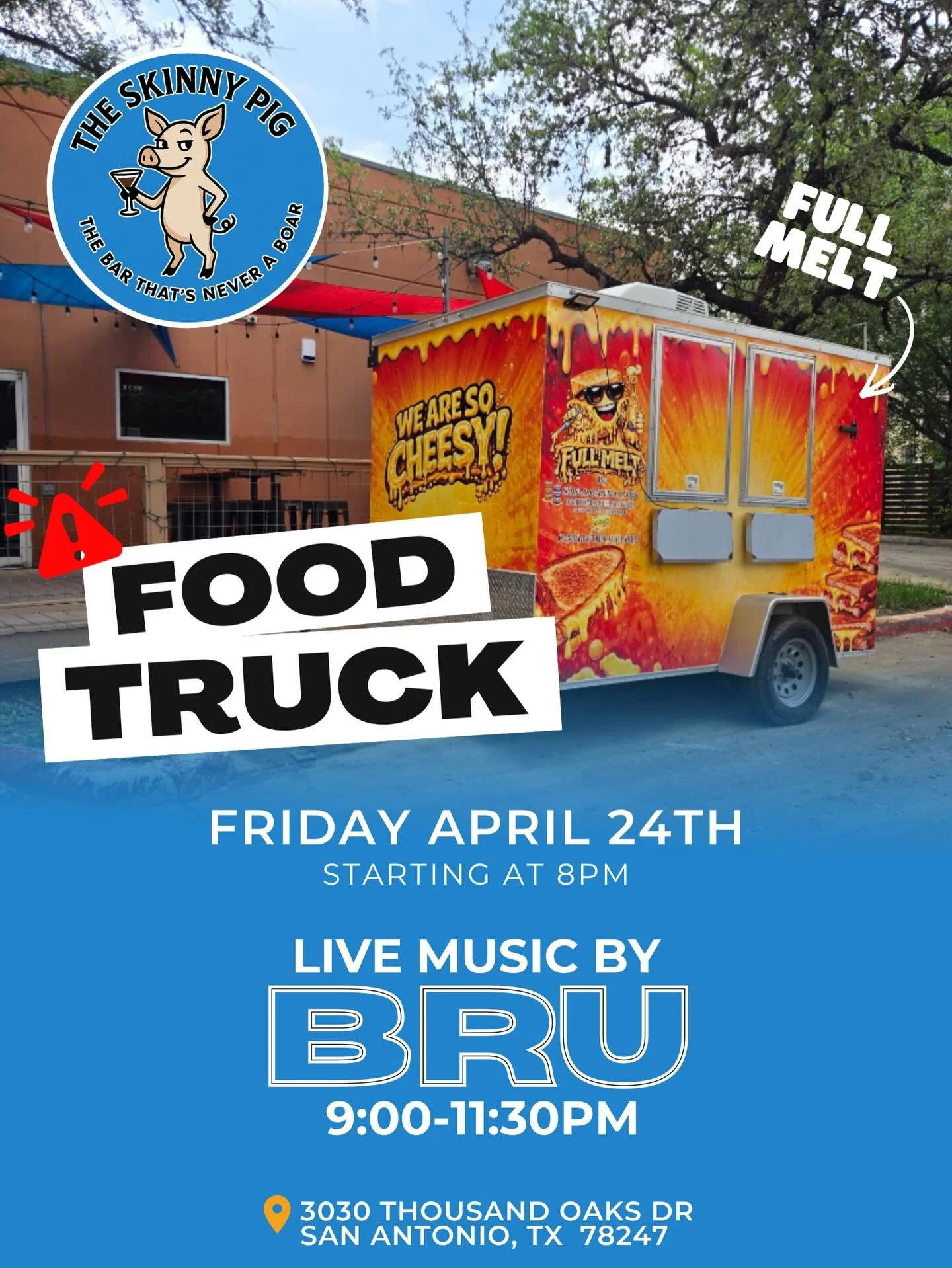 Food truck + live music = your Friday plans handled 🚚🔥
Full Melt is pulling up to The Skinny Pig this Friday, April 24th starting at 8PM.

Stick around for live music by BRU from 9&ndash;11:30PM 🎶

Great food. Cold drinks. Good times.
Come hungry&