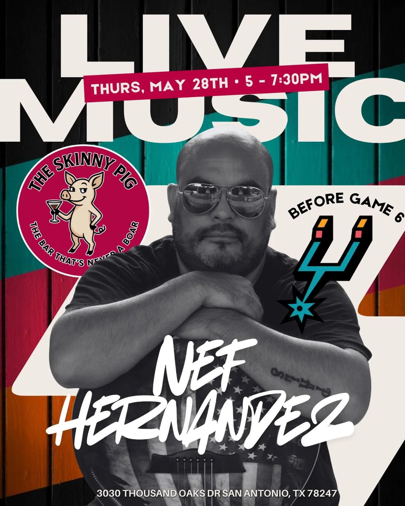 LIVE MUSIC Thursday at The Skinny Pig 🎶🔥

Join us tomorrow (Thursday, May 28th) from 5&ndash;7:30PM for live music with Nef Hernandez before the Spurs game! 🍻🏀

Cold drinks, good food, and the perfect pregame vibes waiting for you 🎸🐷

📍3030 Th