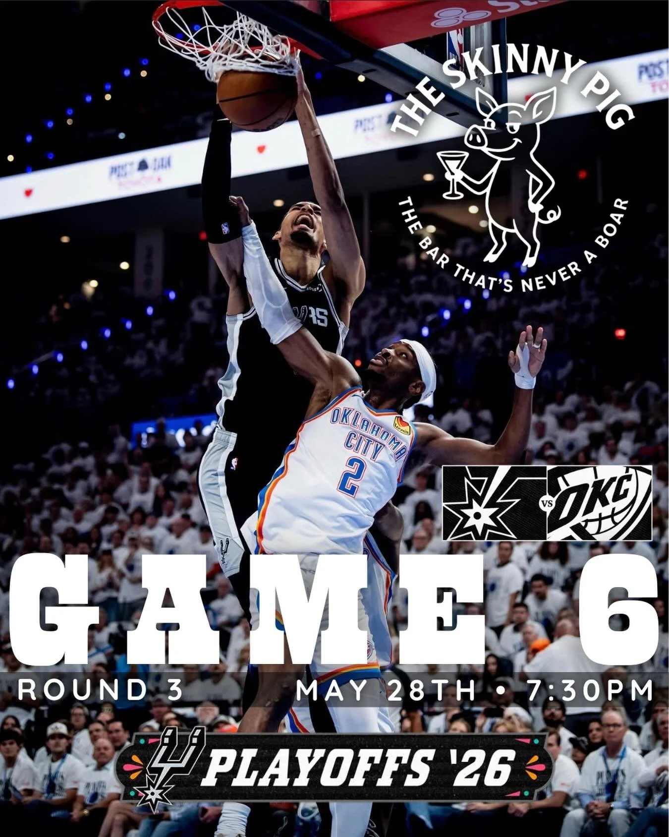 🏀 GAME 6 AT THE SKINNY PIG 🏀

GSG 🤍🖤
Catch every second of Spurs vs OKC with us tonight! The drinks will be cold and the playoff energy will be going all night long 🍻🔥

📍The Skinny Pig
🗓 TODAY &mdash; May 28th
⏰ Tipoff at 7:30PM

Best place t