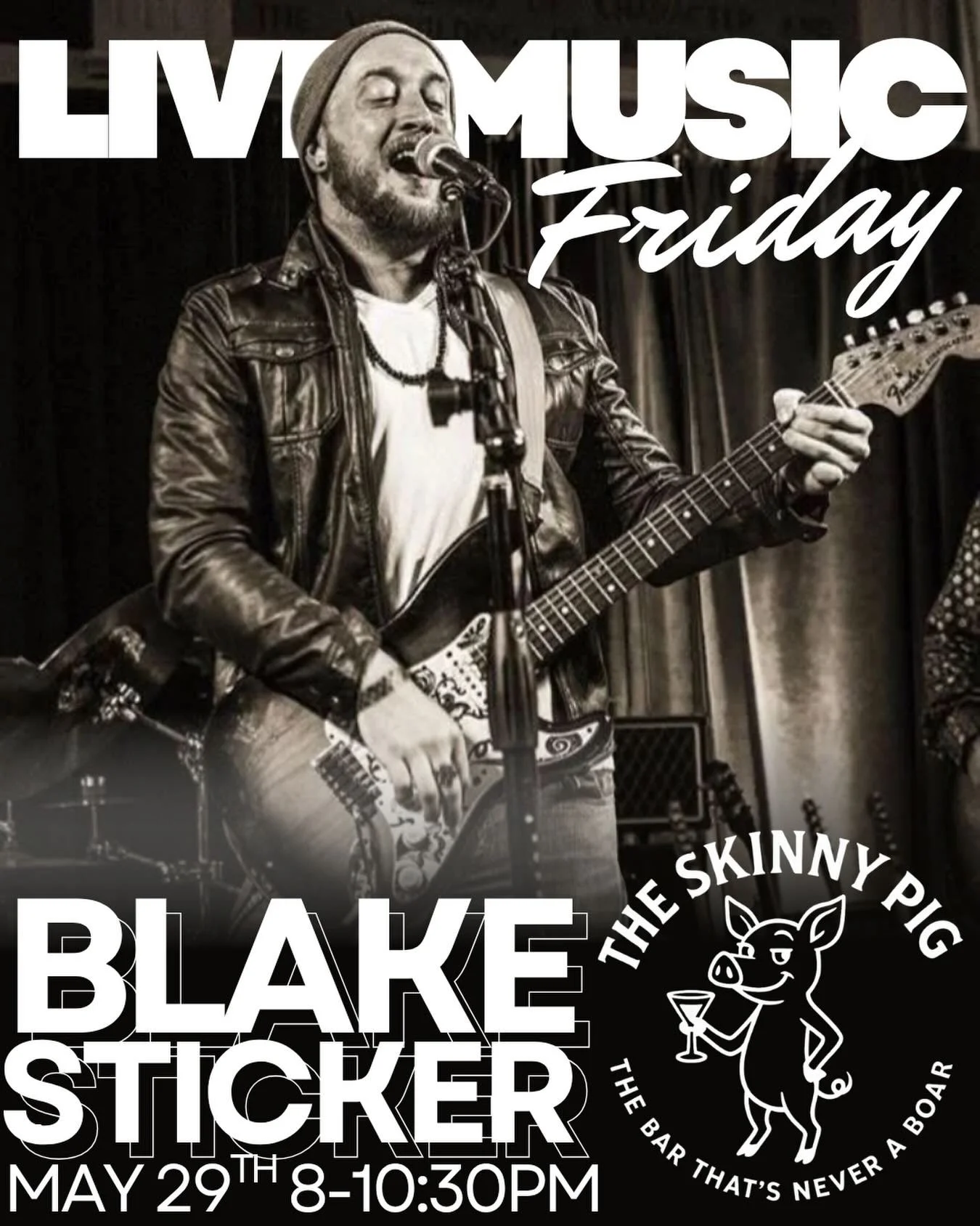 Live music Friday at The Skinny Pig 🎸🔥

Blake Sticker takes the stage tomorrow night from 8&ndash;10:30PM 🍻
Cold drinks, good music, and Friday night done right 😤
See y&rsquo;all here!

#TheSkinnyPigSA #LiveMusicFriday #SATXBars #LiveMusic