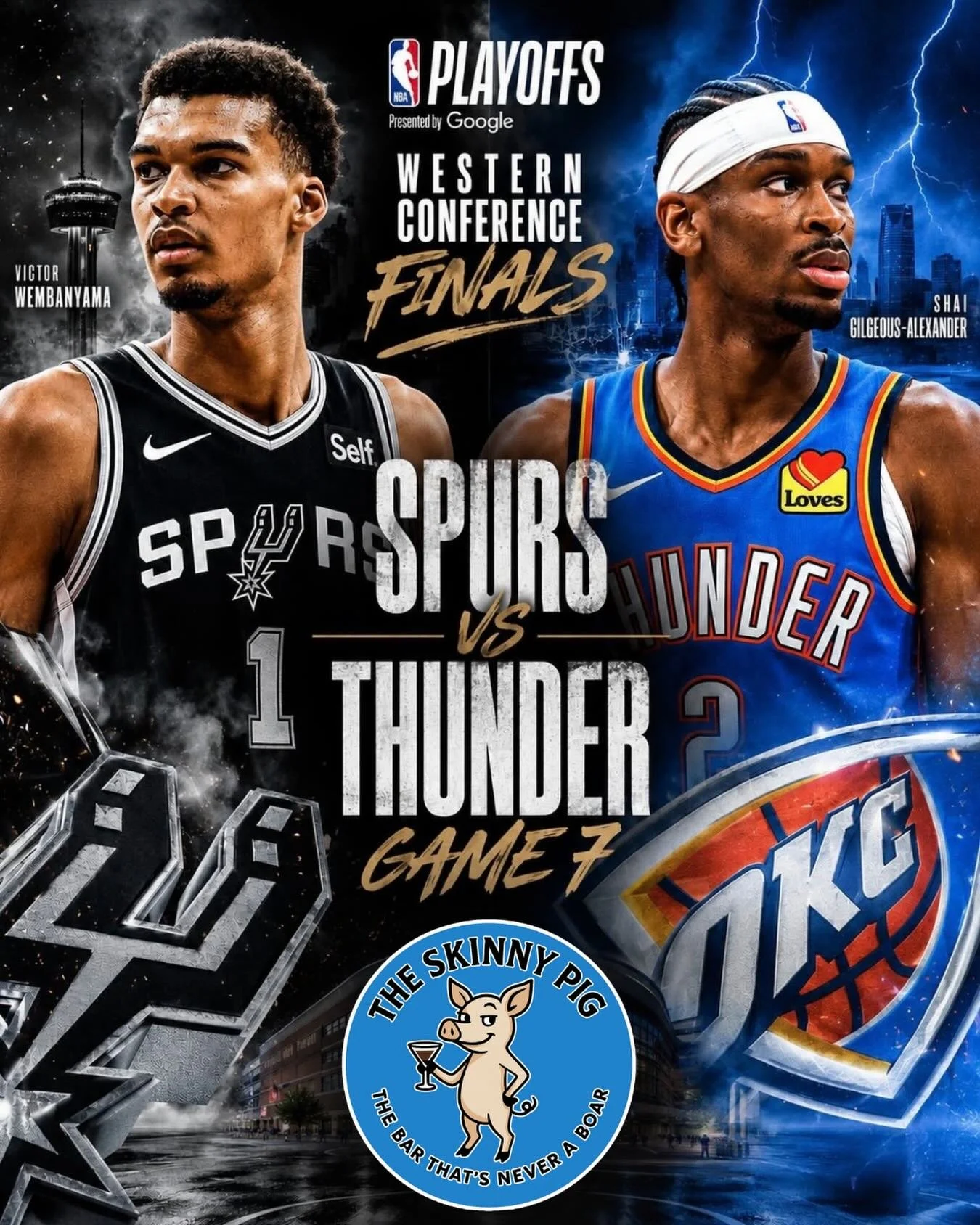 🏀 GAME 7 AT THE SKINNY PIG 🏀

One game. One winner. One shot at the NBA Finals.

The Spurs and Thunder are going head-to-head tonight in a winner-take-all Game 7, and we&rsquo;re showing every second right here at The Skinny Pig.

🍺 Cold beer
📺 T