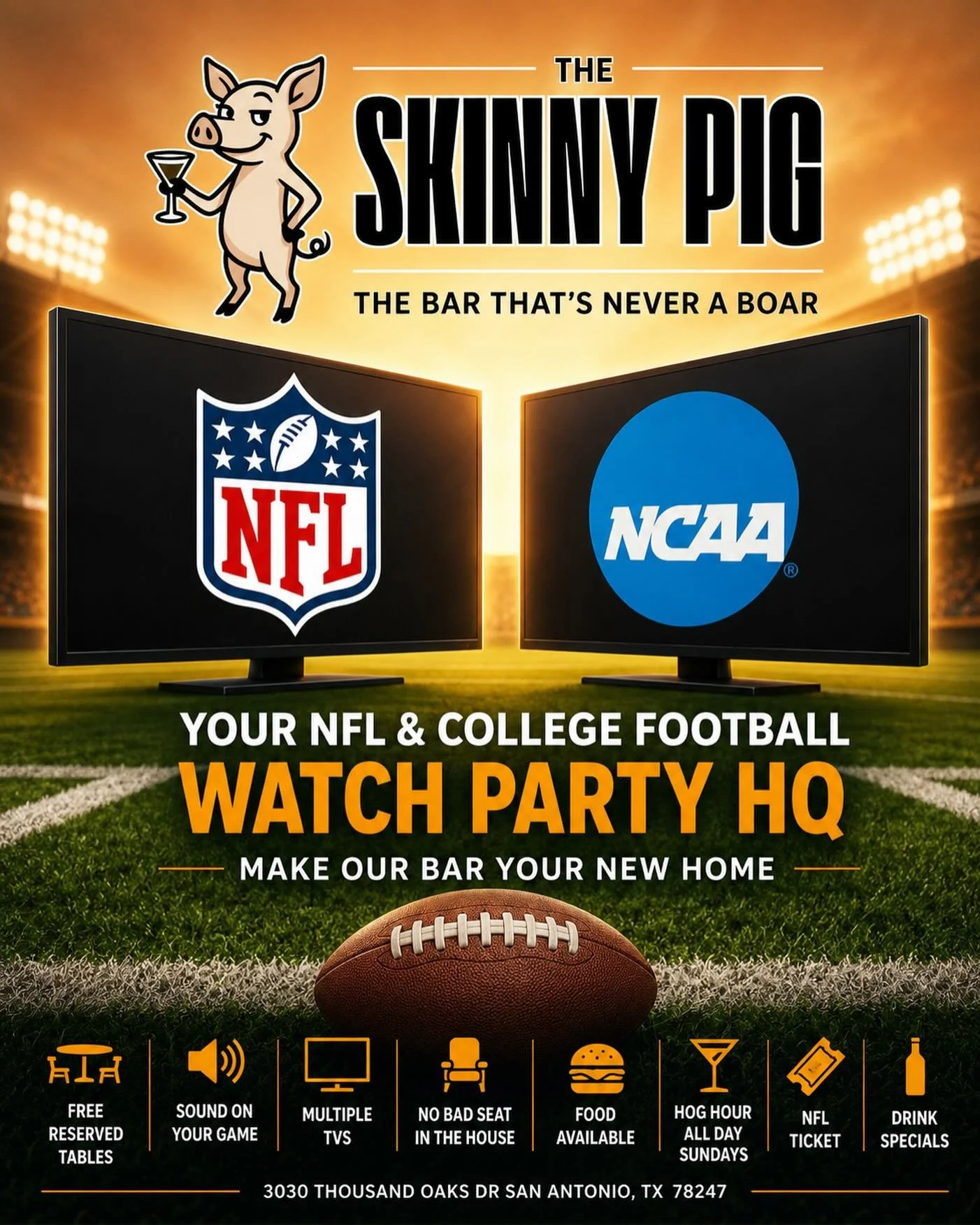 🏈 Looking for a new home for your NFL fan club or college football watch party?

Make The Skinny Pig your Football Watch Party HQ with game sound, plenty of TVs, reserved tables, great food, and cold drinks.

Message us today!

📍 3030 Thousand Oaks