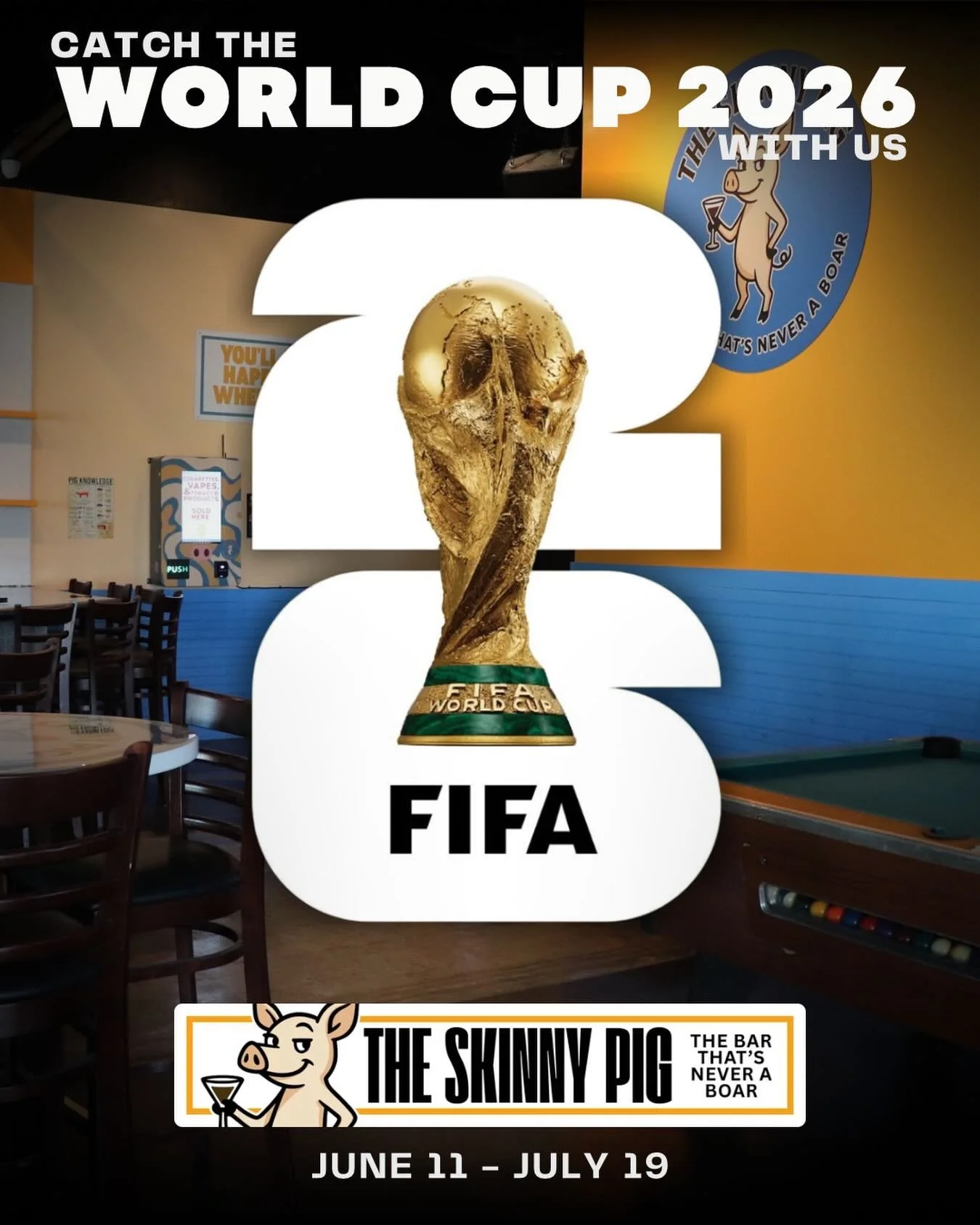⚽🏆 THE WORLD CUP KICKS OFF THURSDAY! 🏆⚽

The world&rsquo;s biggest soccer tournament is finally here, and The Skinny Pig is the place to catch all the World Cup excitement this summer!

Grab a cold drink, bring your crew, and settle in for a month 