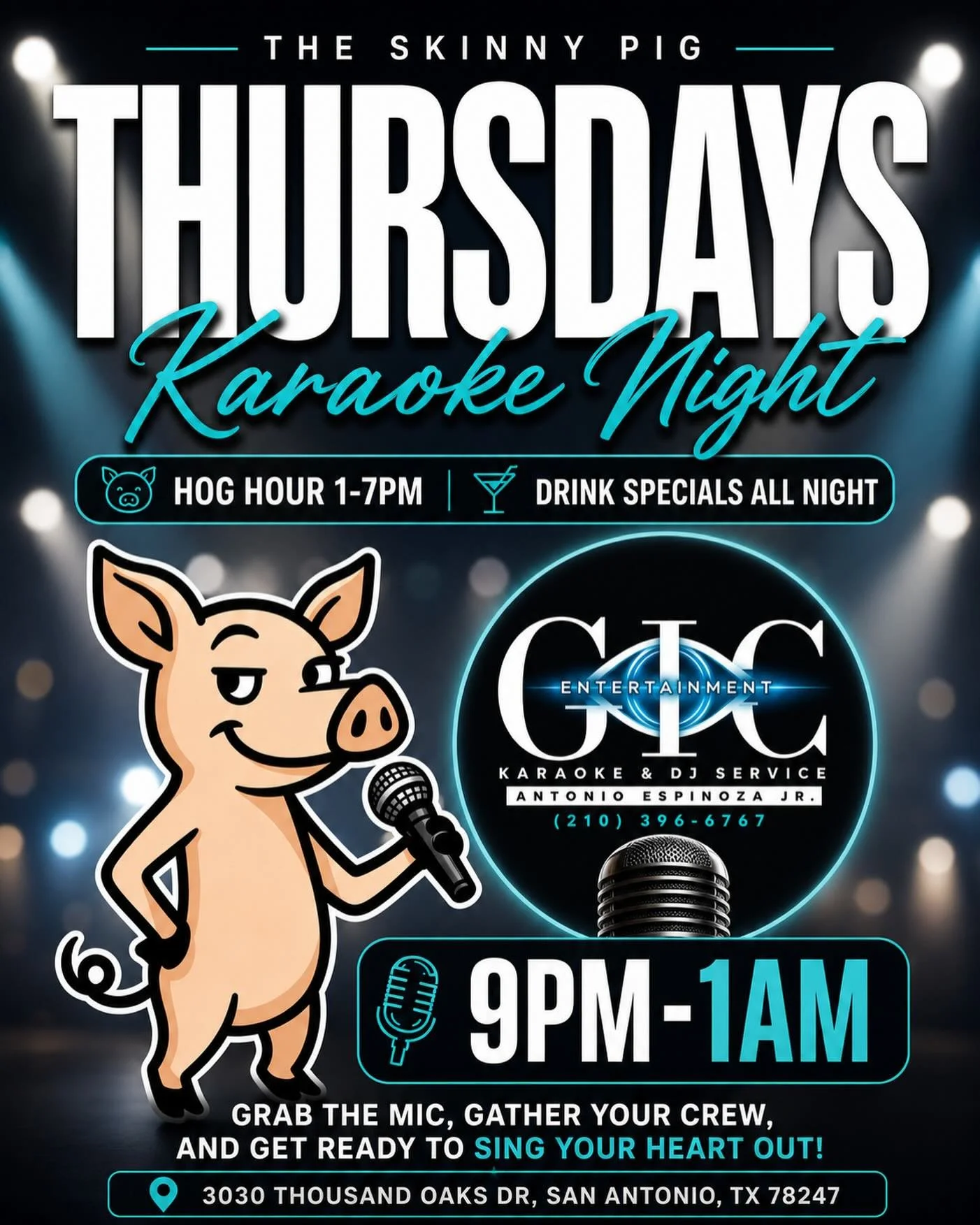 🎤🐷 More Karaoke. More Fun. More Reasons to Stay Out Late. 🐷🎤

The Skinny Pig is turning up the volume with TWO nights of karaoke every week!

🎶 NEW: Thursday Night Karaoke
🎤 Hosted by GIC Entertainment
⏰ 9PM&ndash;1AM
🍻 Hog Hour 1PM&ndash;7PM
