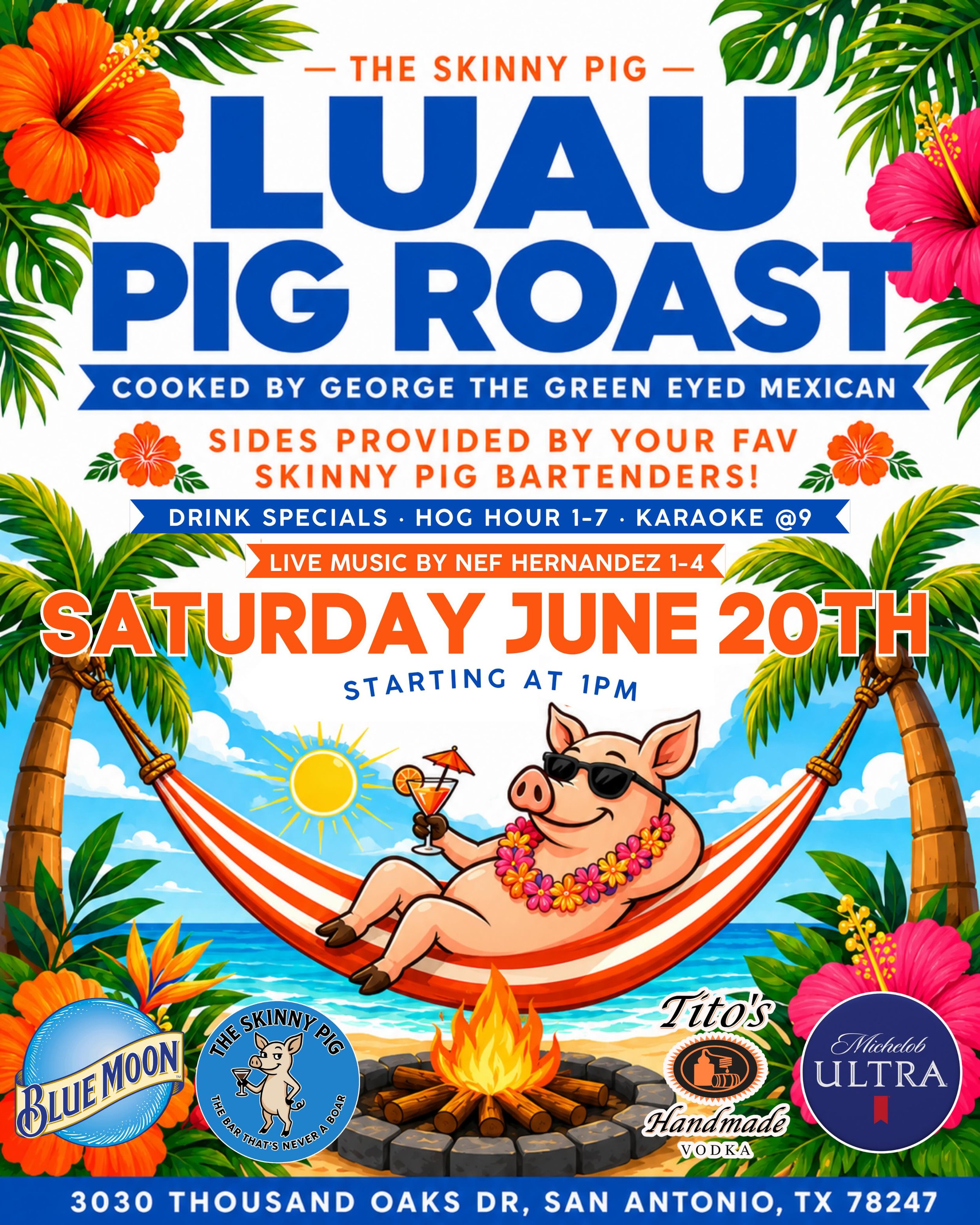 🌺🐷 LUAU PIG ROAST! 🐷🌺

Join us THIS Saturday, June 20th starting at 1PM for an afternoon of island vibes, cold drinks, live music, and a whole lot of pig roast!

🔥 Pig Roast cooked by George the Green Eyed Mexican
🍴Sides cooked by your fav Bart